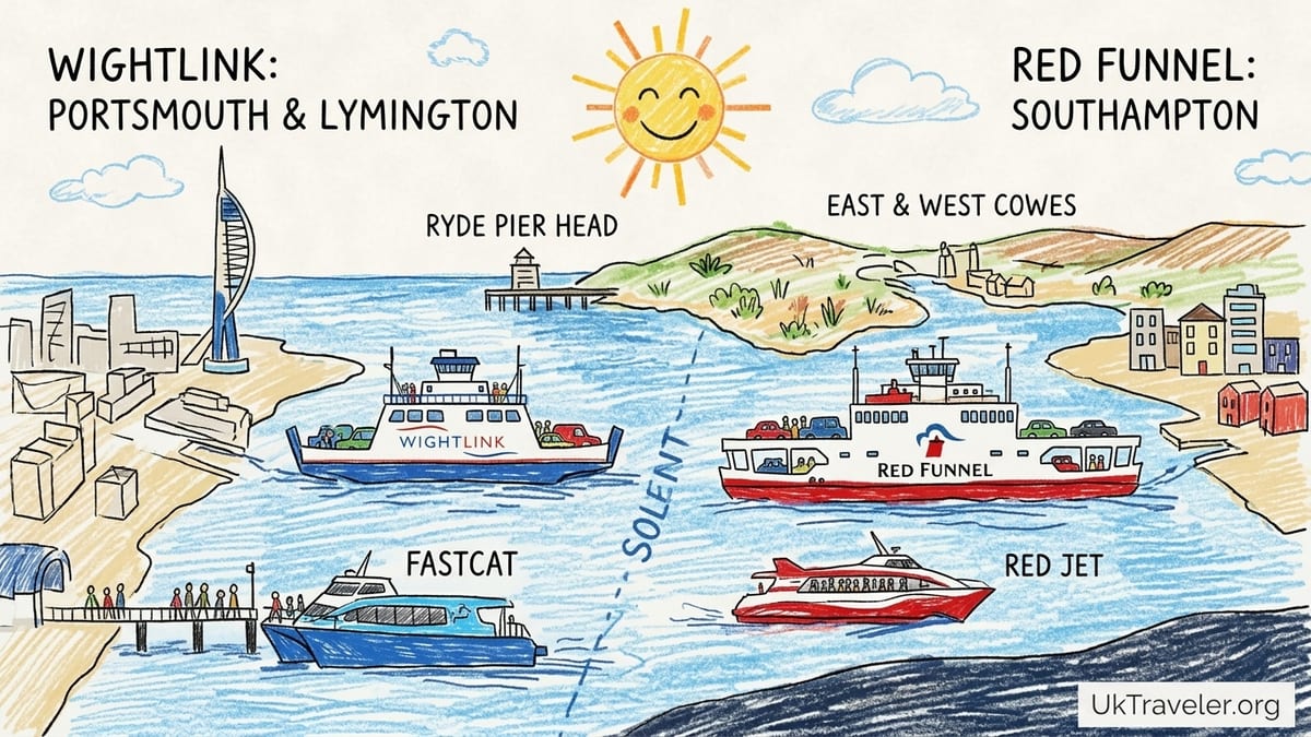 Passengers and cars on an Isle of Wight ferry crossing the Solent on a calm summer day.