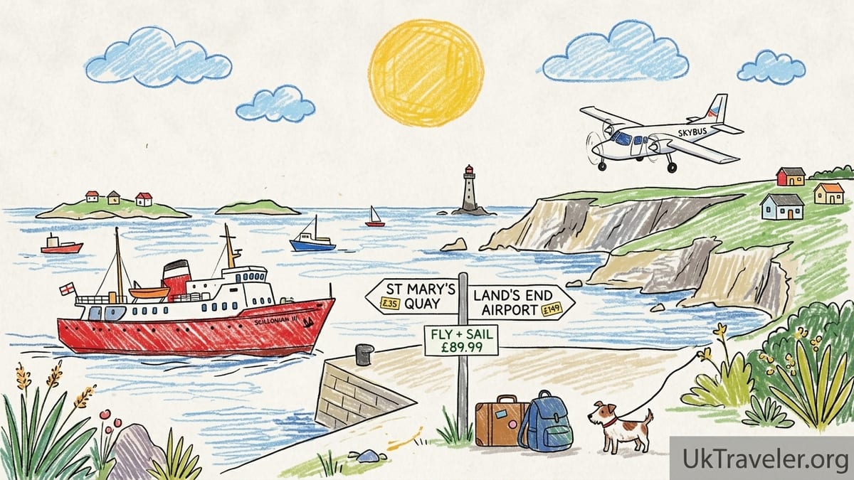 Scillonian ferry leaving Penzance as a low-flying Skybus heads toward the Isles of Scilly.
