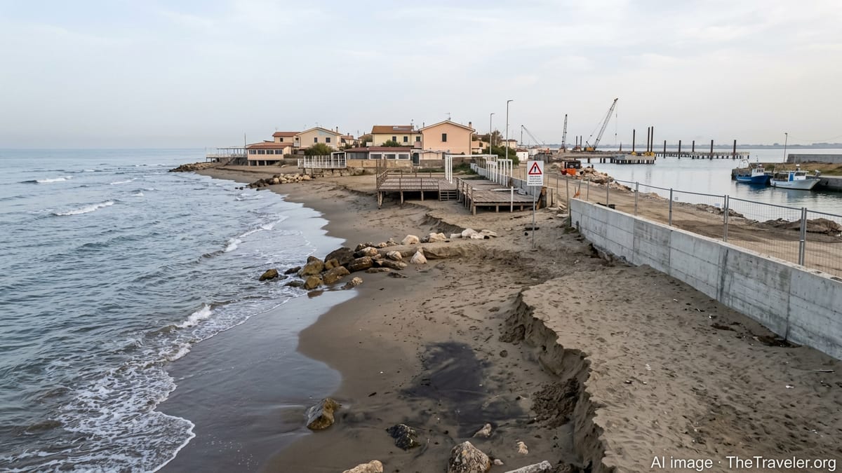 Eroded beach and cruise port construction works on the Isola Sacra coastline near Rome.