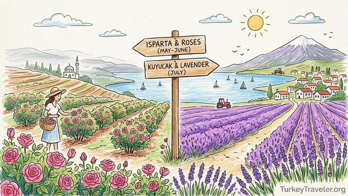 Lavender fields in Türkiye’s Lakes District sloping toward a blue lake at sunrise.