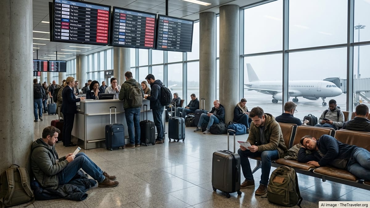 Stranded passengers sit with luggage under departure boards filled with canceled flights at an international airport.