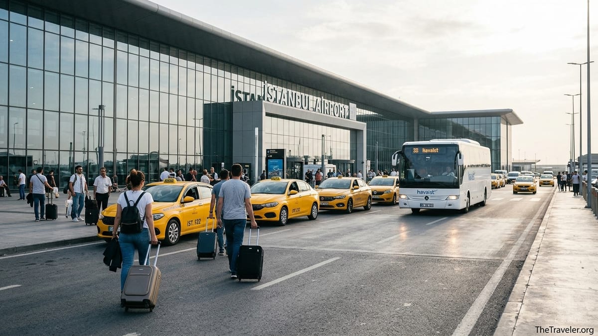 Travelers outside Istanbul Airport choosing between yellow taxis and an airport bus.