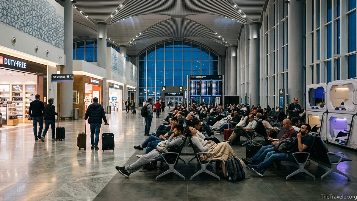 Transit passengers resting and walking in Istanbul Airport’s large departures hall at night.