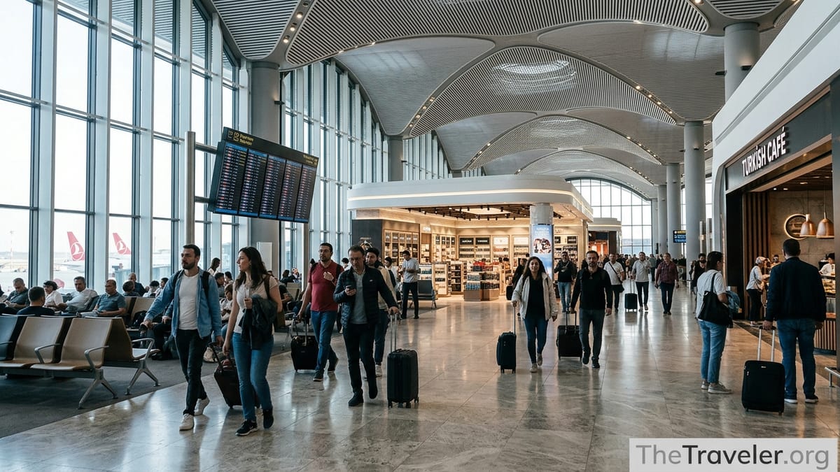 Travelers walking through the bright main departures hall of Istanbul Airport with bags and departure boards overhead.