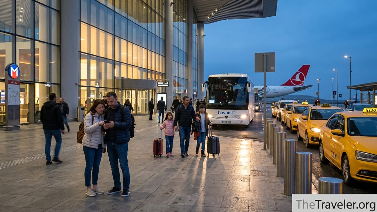 Travelers with luggage choosing between buses and taxis outside Istanbul Airport at dusk.