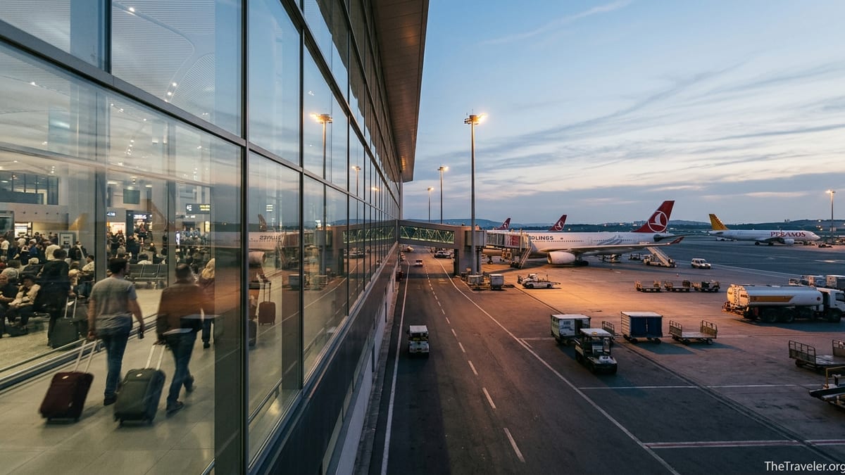 Evening view of Istanbul Airport terminal with Turkish Airlines jet and passengers walking past large windows.