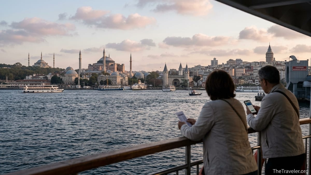 View of Istanbul’s historic skyline from a Bosphorus ferry at golden hour with tourists in the foreground.