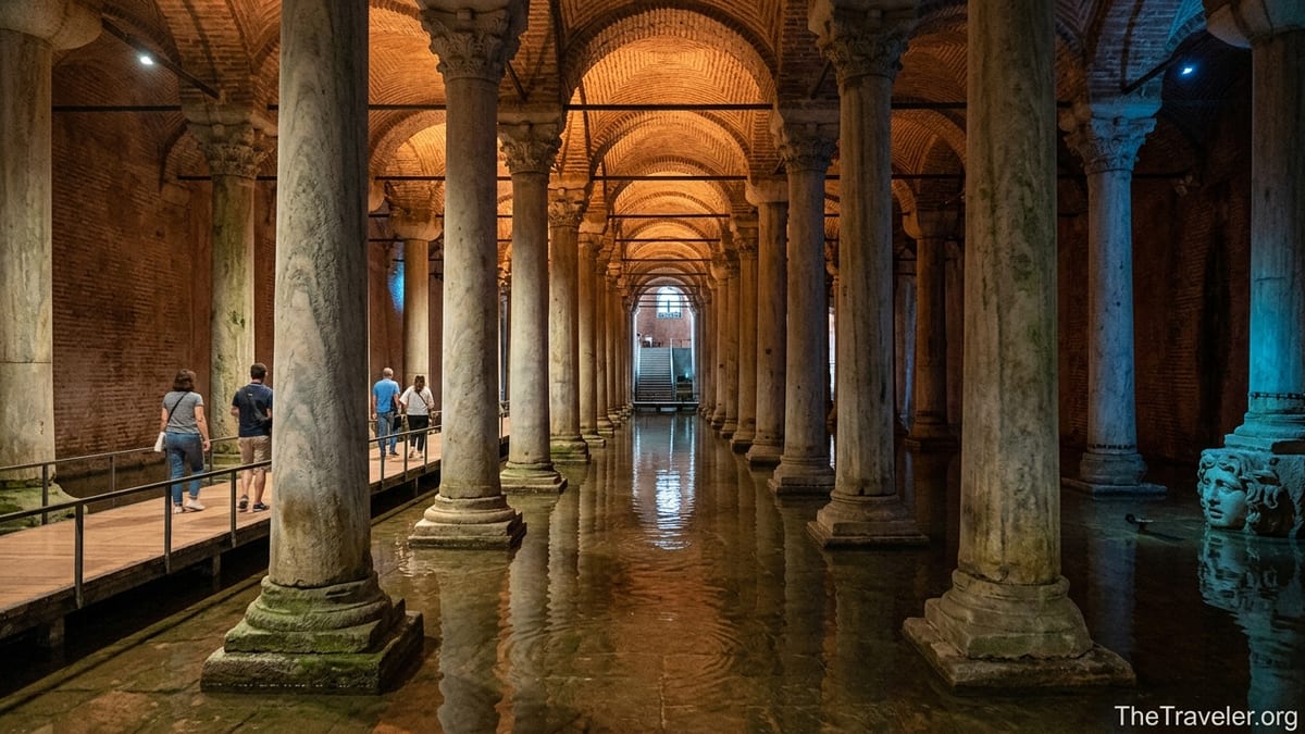 Visitors walk along a wooden path among lit columns inside Istanbul’s Basilica Cistern.