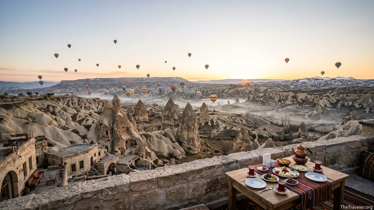 Panoramic view combining Istanbul skyline, Cappadocia rocks and Antalya coast at sunset.