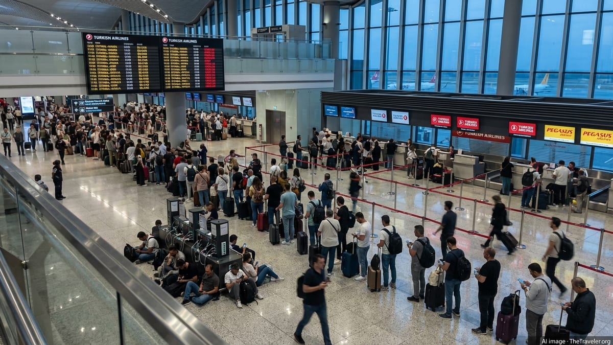 Crowded Istanbul Airport departures hall with long queues and delayed flights on the departure board.