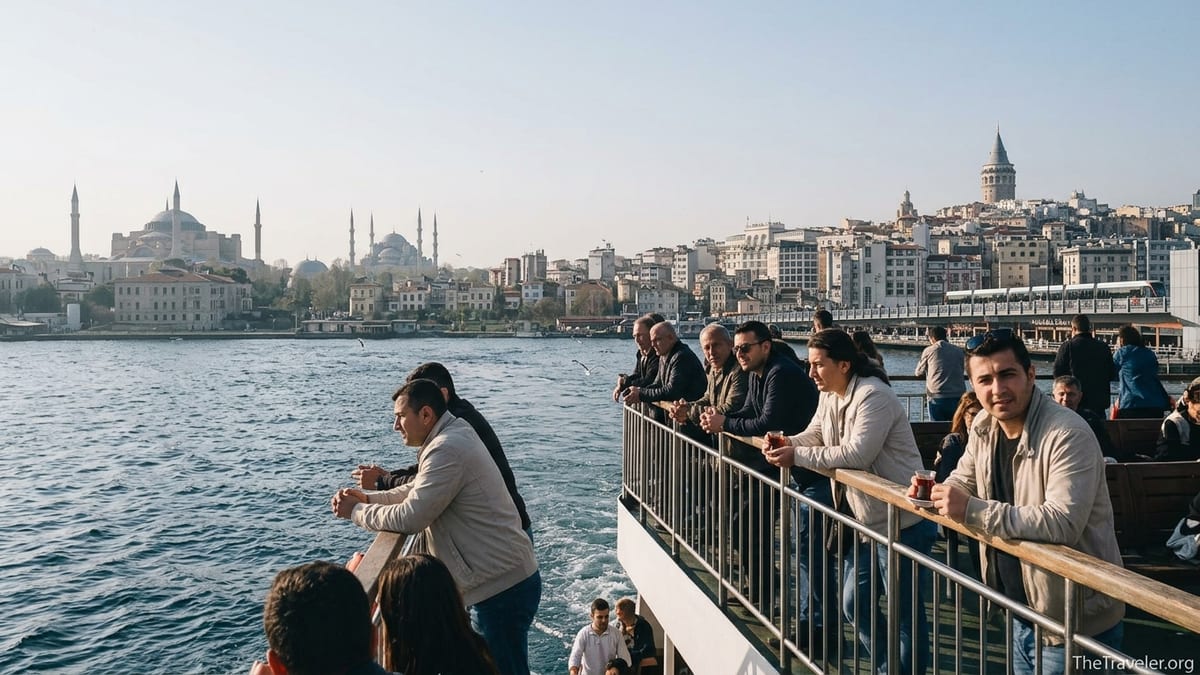 Ferry crossing the Bosphorus with Istanbul’s historic skyline and Galata Tower in view.