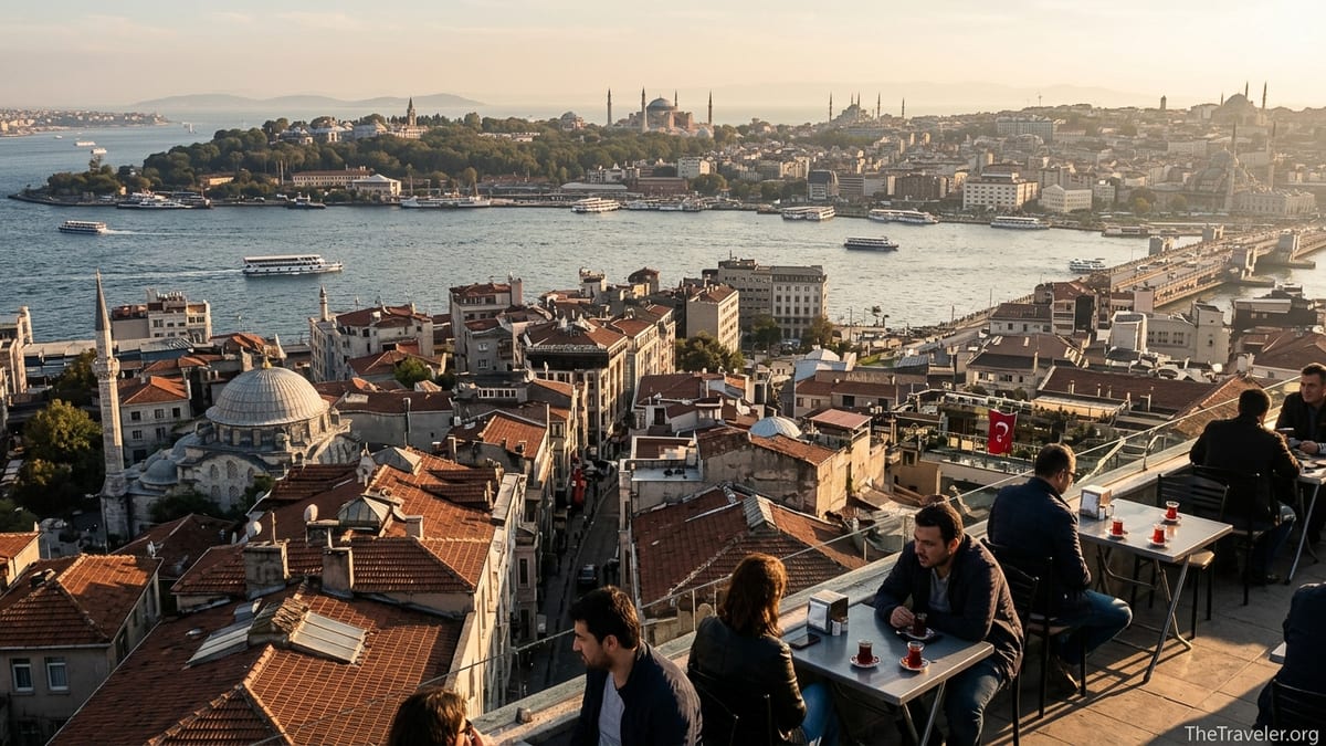 Golden hour view over Istanbul from Beyoğlu toward Hagia Sophia and the Blue Mosque with ferries crossing the Golden Horn.