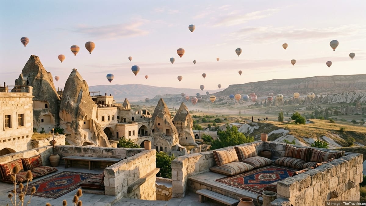 Sunrise hot-air balloons over Cappadocia fairy chimneys seen from a cave hotel terrace.