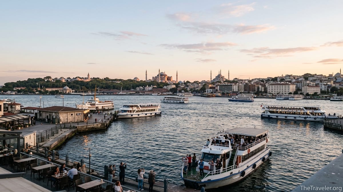 Early evening view of Istanbul’s Old City skyline and Bosphorus with tour boats on the water.