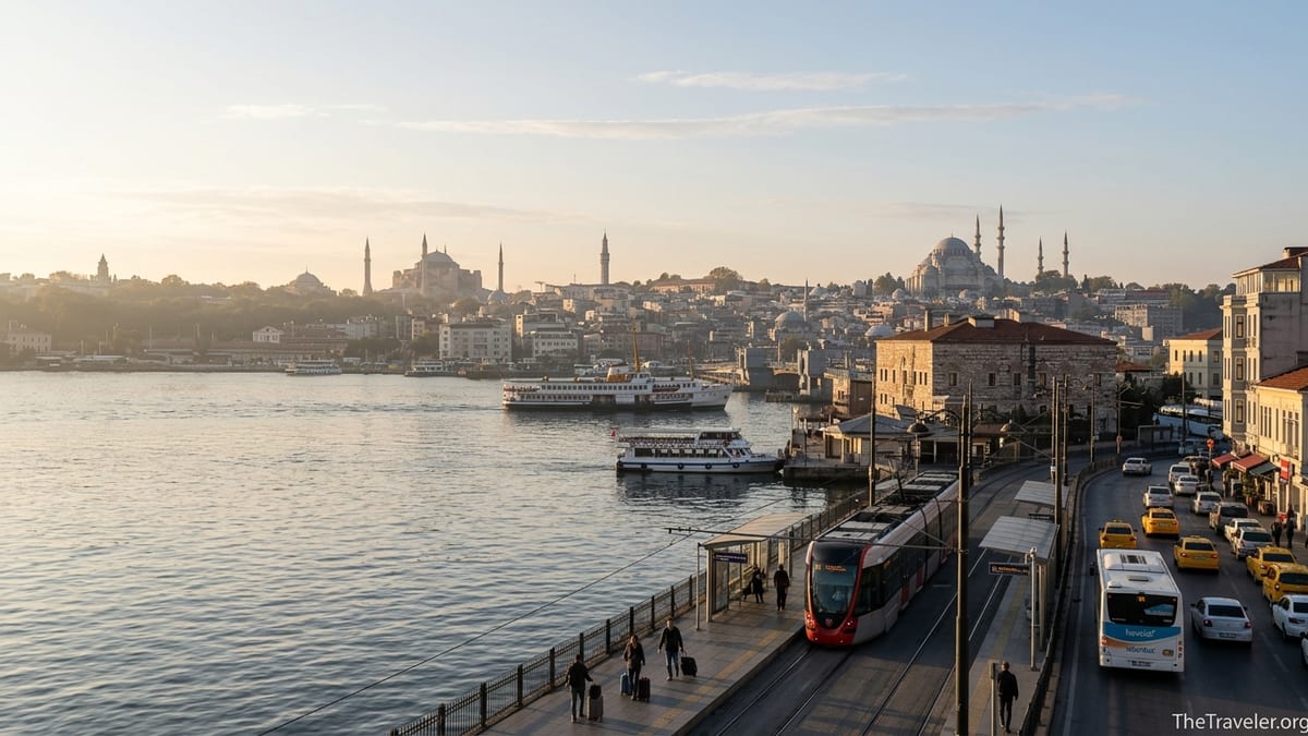 Sunrise view over Istanbul with ferries, trams and historic mosques on the skyline.