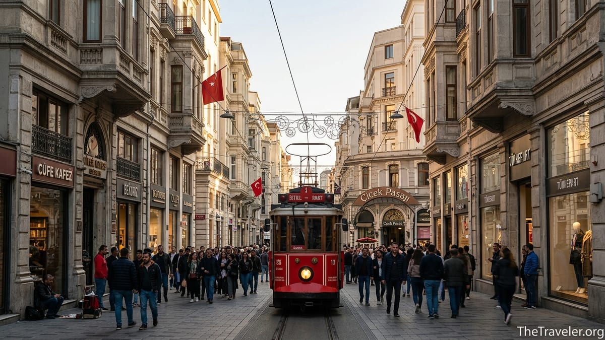 Crowded İstiklal Avenue in Istanbul with the red nostalgic tram passing historic buildings at sunset.