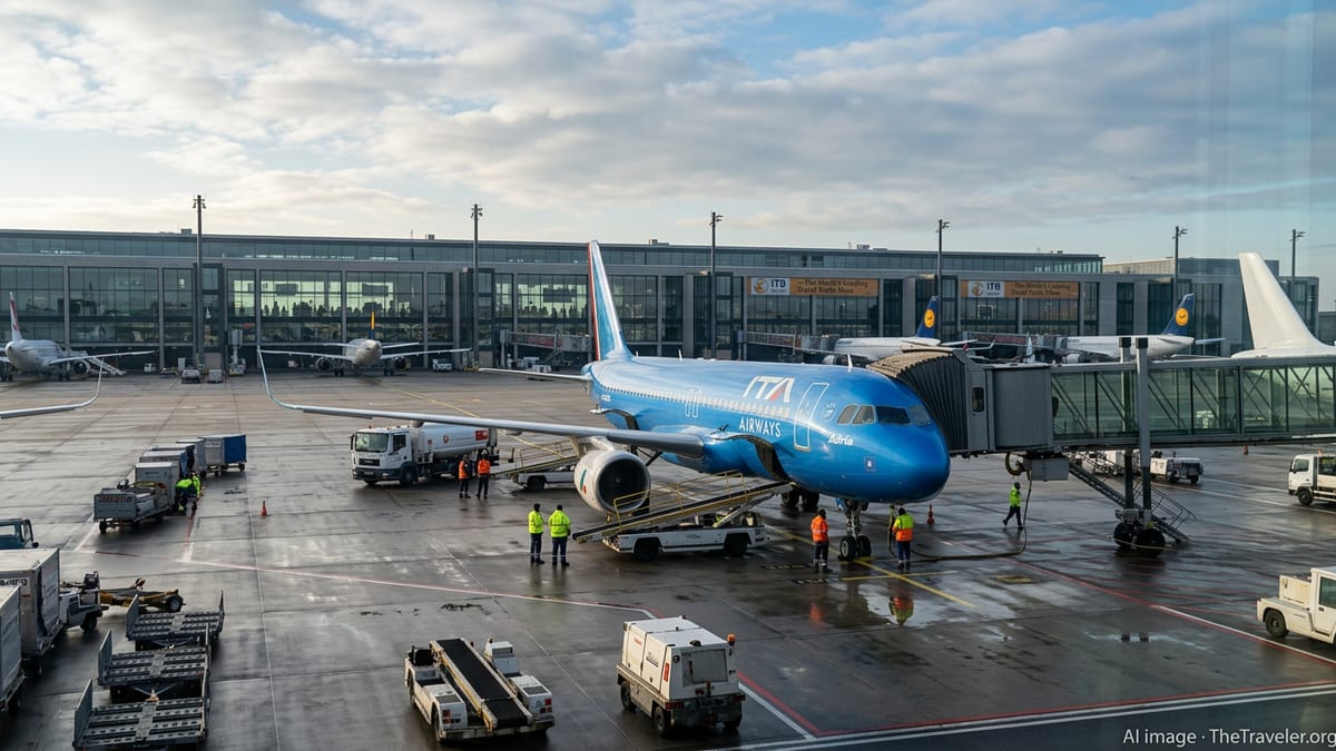 ITA Airways jet at Berlin Brandenburg Airport gate during ITB Berlin with ground crew working around the aircraft.