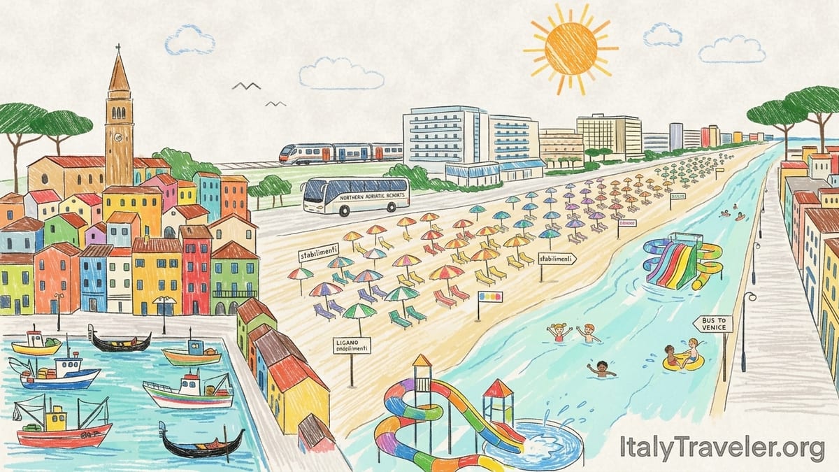 Aerial view of Italian Adriatic beach with umbrellas, shallow sea and resort hotels at sunset.