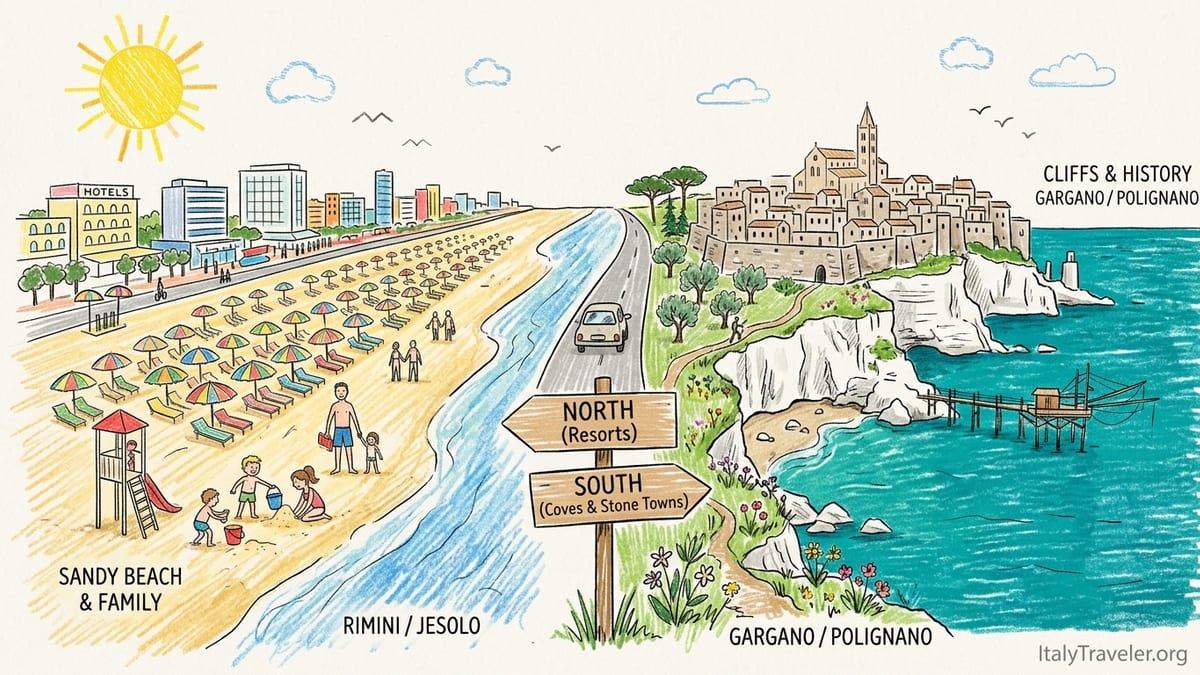 Aerial view of Italian Adriatic coastline with sandy beach, rocky cliffs and a whitewashed seaside town at sunset.