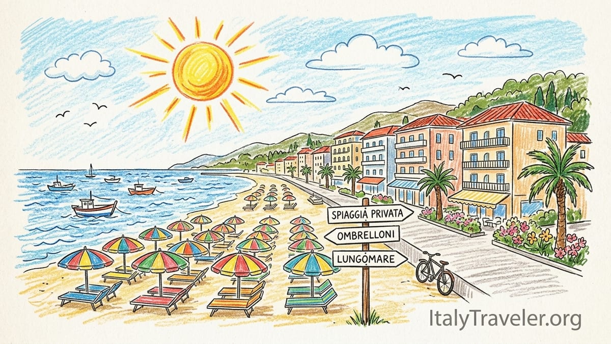 Early morning view of Italian Adriatic beachfront hotel and umbrellas on a wide sandy beach.