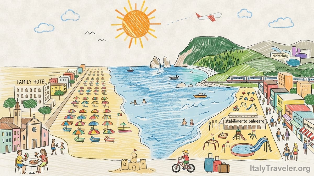 Aerial view of Italy’s Adriatic coast with sandy resort beaches, cliffs and whitewashed seaside towns at sunset.