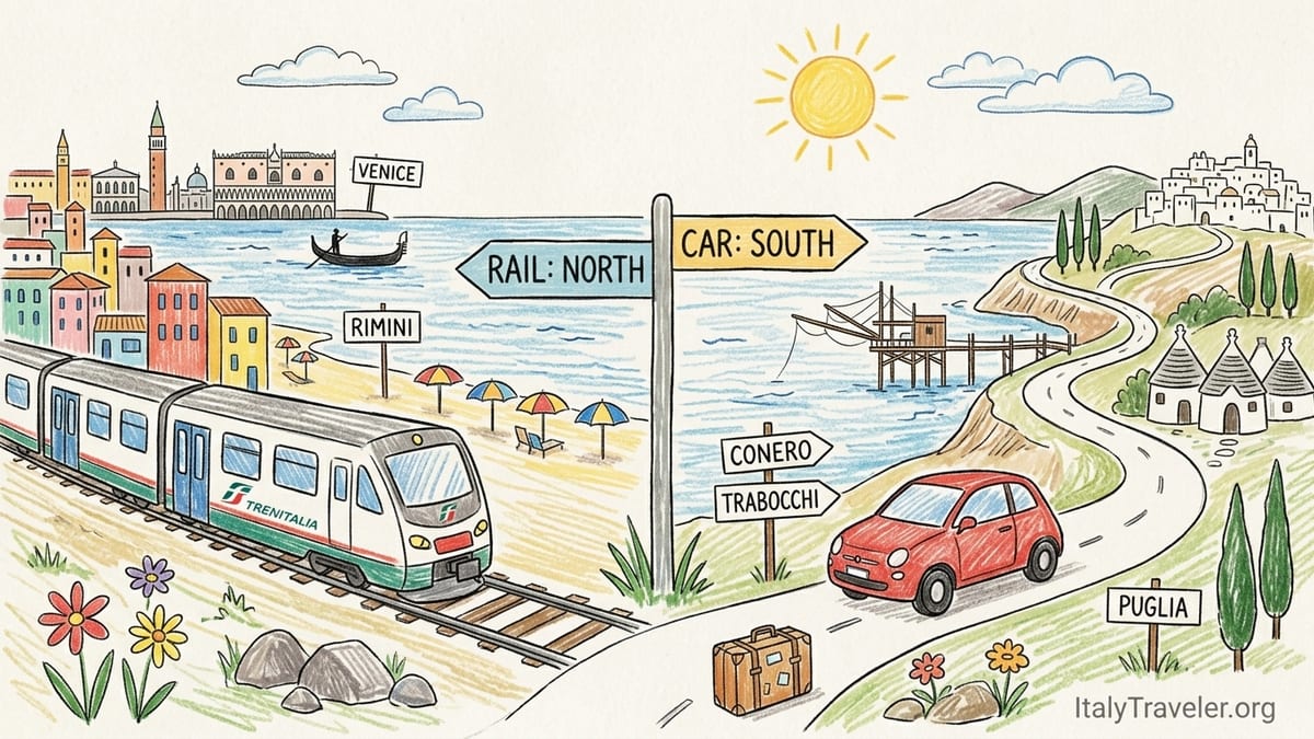 Small car driving along Italy’s Adriatic coast road with sea on one side and hills on the other