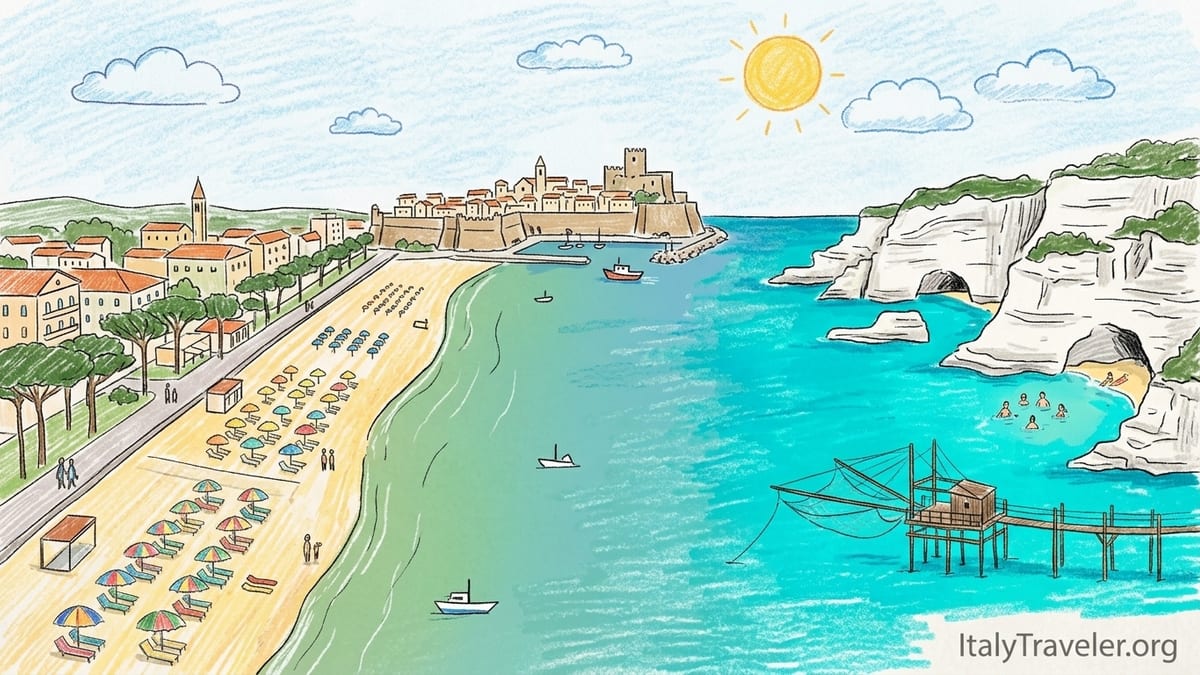 Sunrise over cliffs and turquoise sea at an Italian Adriatic coastal town.
