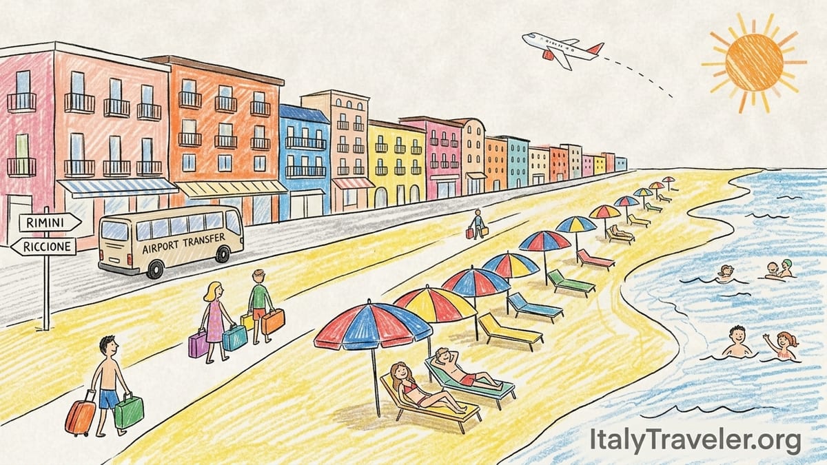 Wide view of Rimini beach with sunbeds, umbrellas and pastel hotels along the Italian Adriatic coast.