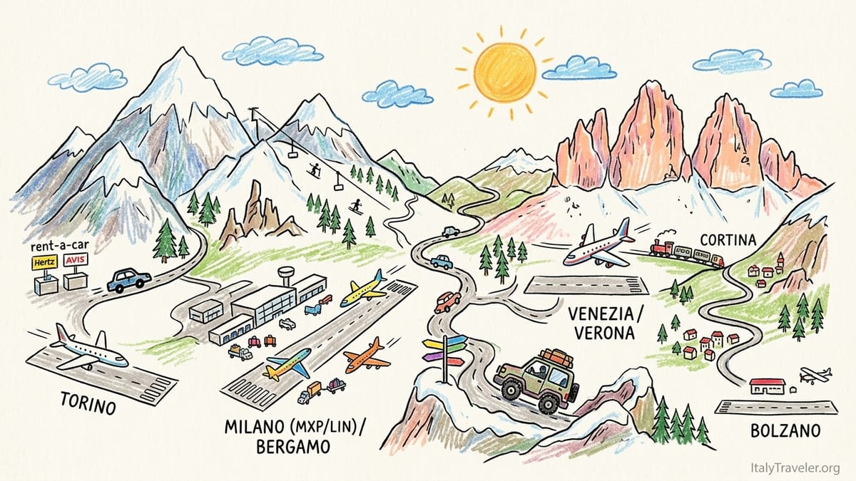 Rental car parked above a winding road in the Italian Alps with Dolomite peaks beyond.