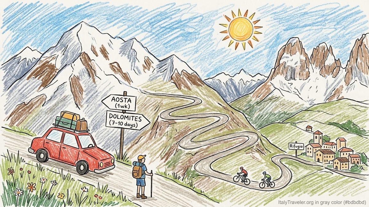Hairpin mountain road in the Italian Alps at sunrise with Dolomite peaks and a parked car.