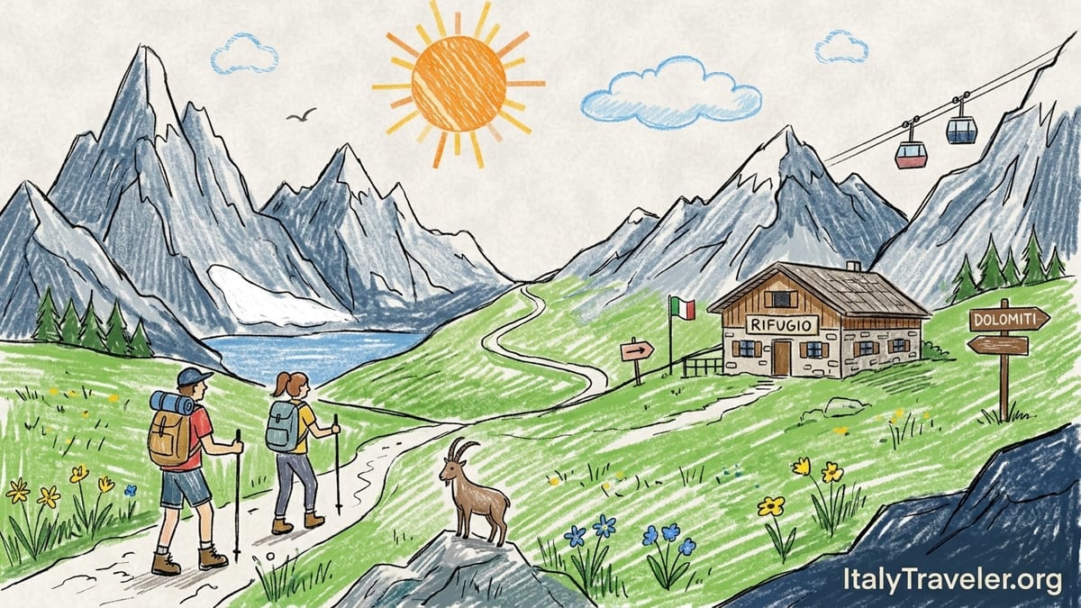 Summer hiking trail above Val Gardena with rifugi, cable car and Dolomite peaks.