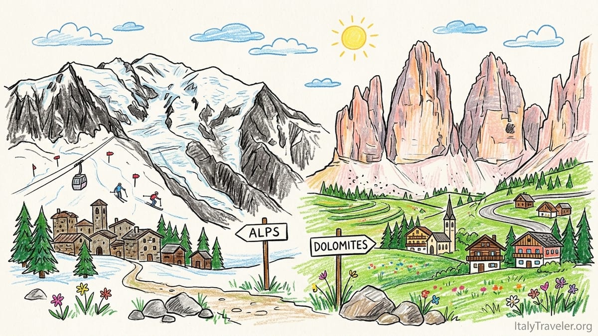 Panoramic view contrasting glaciated Italian Alps with pale limestone Dolomites in summer.