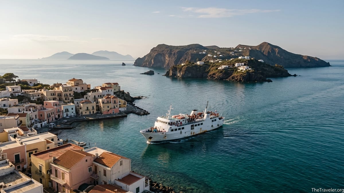 A ferry departs a colorful Italian island harbor toward distant volcanic islands at sunset.
