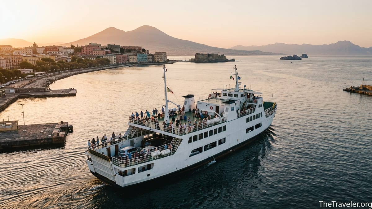 A ferry departing Naples with Vesuvius and distant Italian islands at sunset.