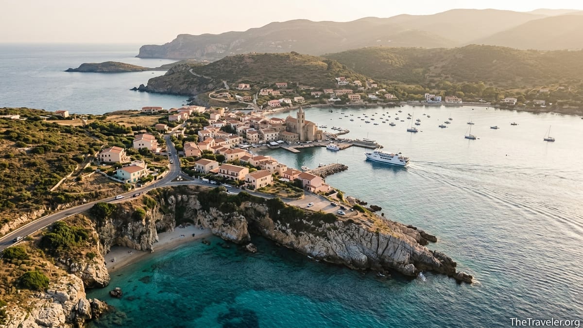 Aerial view of an Italian island harbour with pastel houses, cliffs and turquoise sea at golden hour.