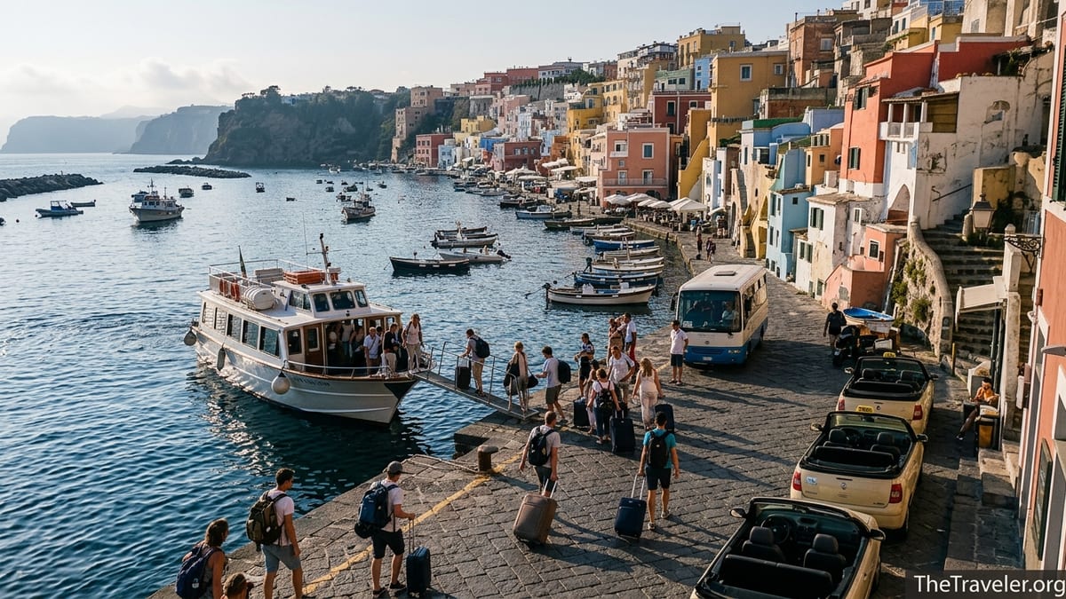 Travelers walk off a ferry into a colorful Italian island harbor with no cars in sight.