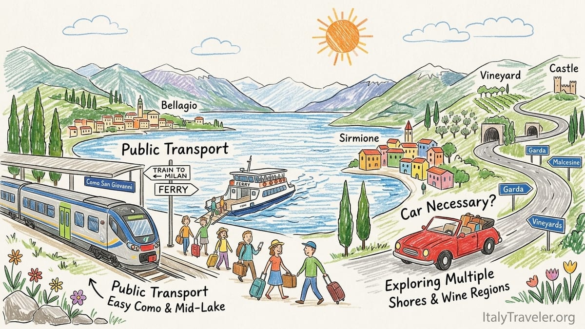 Hillside road above Lake Garda with a parked rental car overlooking the lake and Italian towns below.
