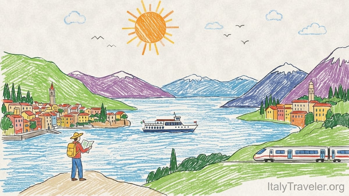 Lakeside promenade on Lake Como at sunset with Bellagio and Alpine peaks in the distance.