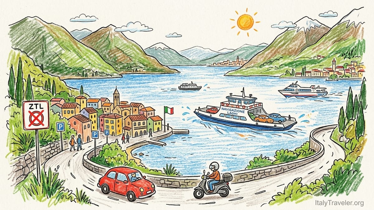 Curving lakeside road above Lake Como with parked car and ferry crossing the water below.