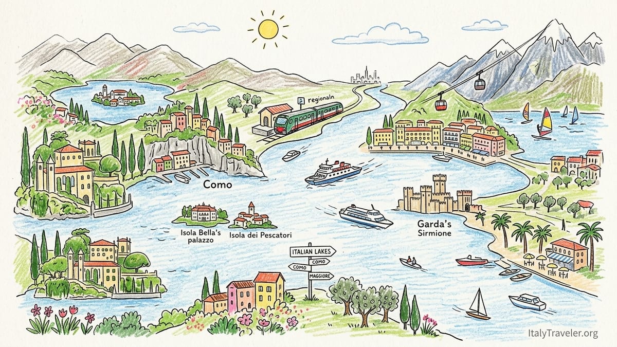 Early morning view over Lake Como from above Bellagio with ferry and alpine backdrop.