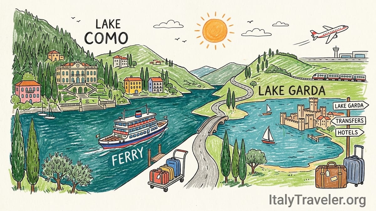 Sunrise over Lake Como with lakeside villas, boats and mountains seen from a terrace.