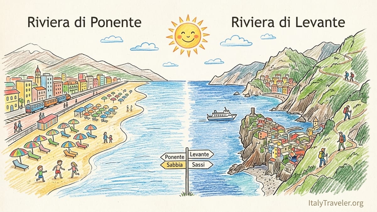 Aerial view of a sandy Italian Riviera beach lined with umbrellas and a palm-lined promenade at sunset.