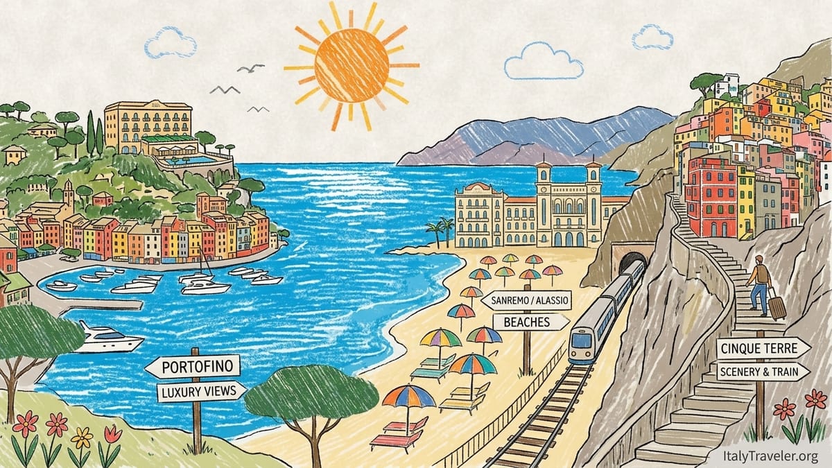 Golden hour view over an Italian Riviera bay with pastel buildings, beach and calm sea.
