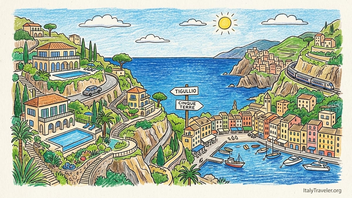 Hillside villa with pool overlooking a colorful Italian Riviera seaside town at sunset.