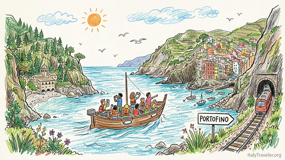 Boat cruising along the Italian Riviera below pastel villages and terraced cliffs at golden hour.