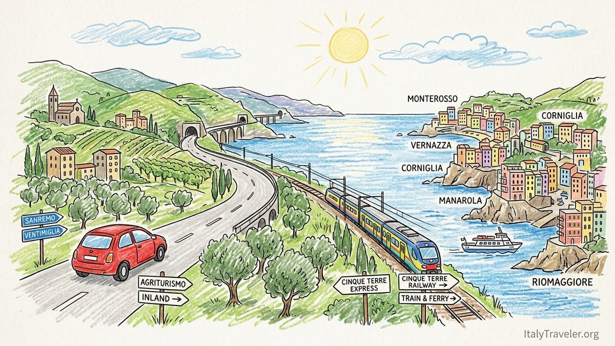 Coastal road and small car above a colorful Ligurian village on the Italian Riviera.
