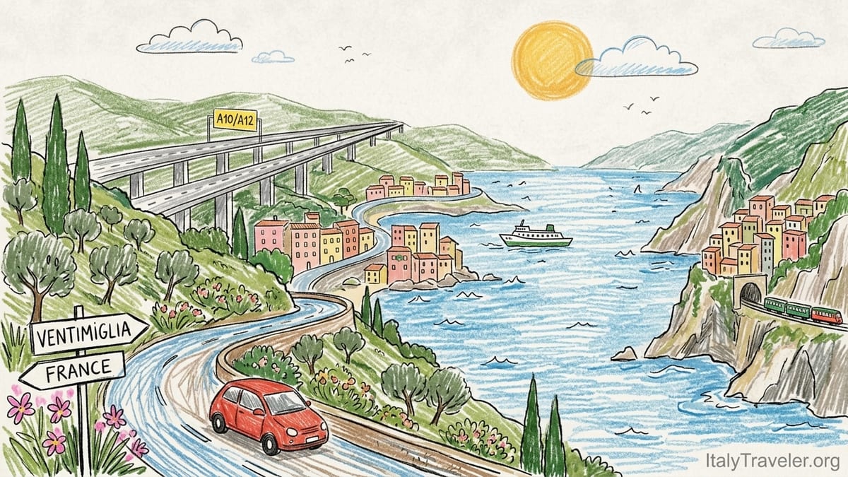 Aerial view of the Italian Riviera coast with seaside towns, cliffs and winding coastal road at sunset.