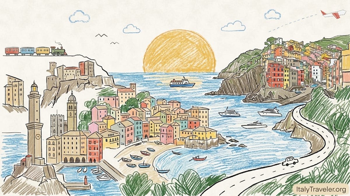 Italian Riviera harbor at golden hour with pastel seaside town and yachts.