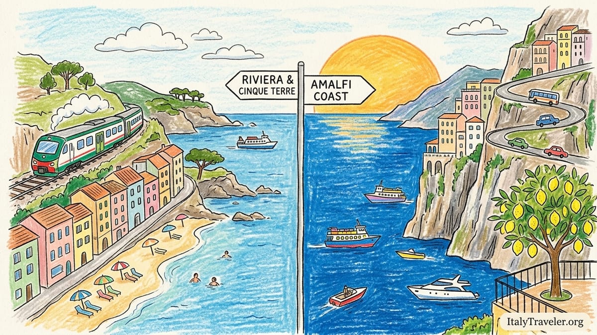 High terrace view comparing Cinque Terre’s cliffs with Positano’s vertical village and beach at golden hour.