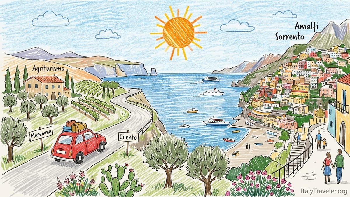Small car parked on a winding Italian Tyrrhenian coastal road overlooking the sea at sunset.